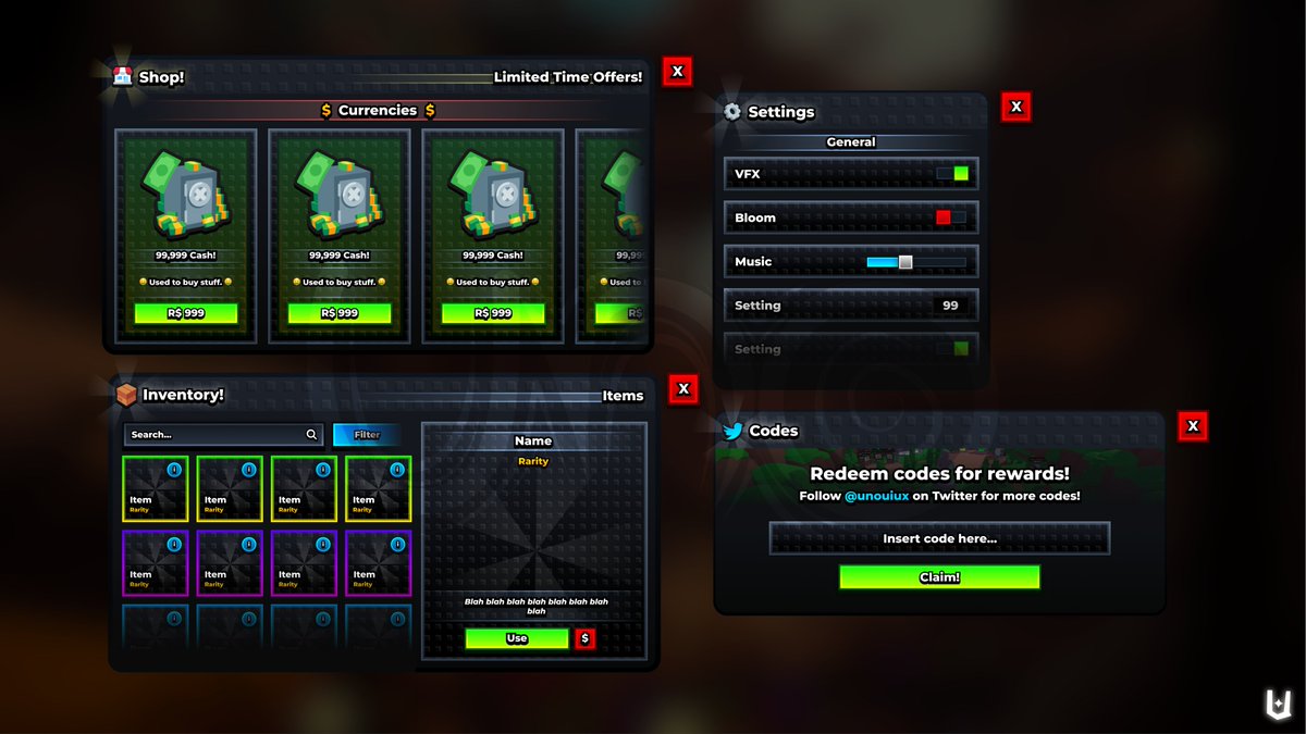 unouiux's tweet image. Looking for a skilled and versatile UI designer that can finish your custom designs fast?
DM me on discord,
→ @ uno_ux
#Roblox #RobloxDev #RobloxUI