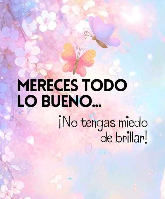 A dreamy background in pastel pink and purple hues features scattered white flowers and multiple butterflies in shades of purple, yellow, and pink flying around. Bold white text overlays the center, reading Meres TODO LO BUENO... in large letters, followed by No tengas miedo de brillar in smaller font below.
