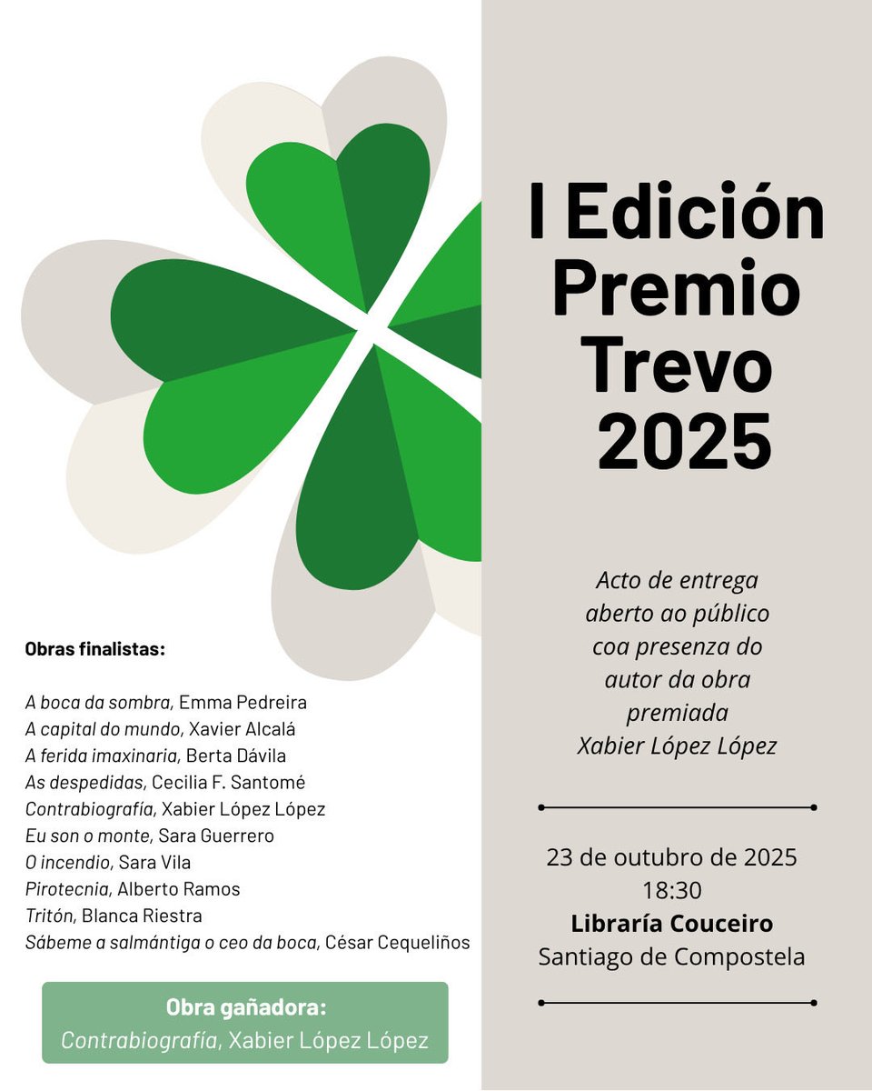 Libraria Couceiro (@libraricouceiro) on Twitter photo Xoves 23 ás 18:30h. acto entrega aberto da I edición Premio Trevo 2025. Con <a href="/XabierLopezL/">Xabier López López</a> e <a href="/condedecotobade/">Daniel Ugarte 🐨🍒</a> Xoves 23 ás 18:30h. acto entrega aberto da I edición Premio Trevo 2025. Con <a href="/XabierLopezL/">Xabier López López</a> e <a href="/condedecotobade/">Daniel Ugarte 🐨🍒</a>