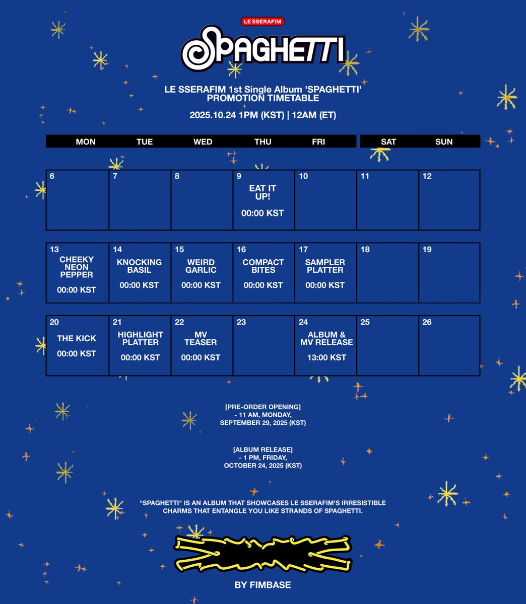LE SSERAFIM 1st Single Album 'SPAGHETTI' MV TEASER will be released in exactly 1 hour! 🍝

📢 Drop the tags: 

SPAGHETTI MV TEASER
SPAGHETTI  FT J-HOPE IS COMING
#SPAGHETTI_FT_JHOPE #LESSERAFIMxJHOPE #EAT_IT_UP_SPAGHETTI