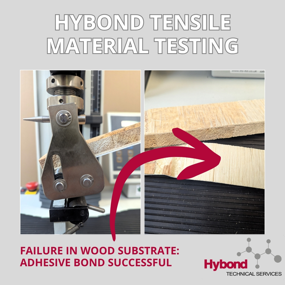 We’ve upgraded our tensile testing at Hybond!
Peel, shear, tear, bond line analysis: our lab gives in-depth insight into adhesive performance.

In the image: the wood substrate failed, not the adhesive. Available for our adhesive customers or as a standalone service. #ukmfg