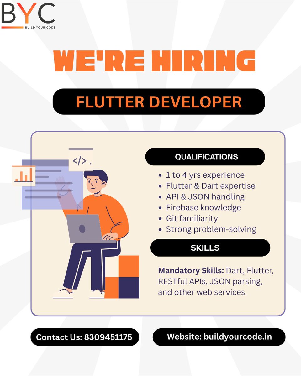 Buildyourccode's tweet image. We’re Hiring – Flutter Developer!
BuildYourCode (BYC) is expanding and we’re looking for passionate professionals to join our team.
Requirement: 1 to 4 years of experience
Send your resume to: hr@buildyourcode
Website: buildyourcode.in
#FlutterDeveloper #HiringNow