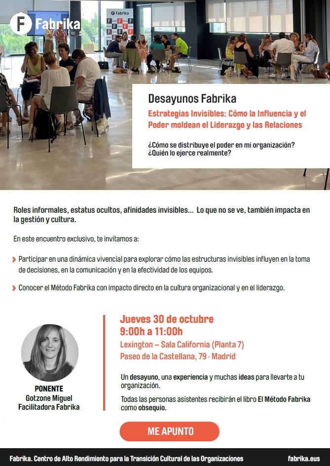 🙌 Desayuno Fabrika en Madrid
Estrategias Invisibles: Cómo la Influencia y el Poder moldean el Liderazgo y las Relaciones

📅 Jueves 30 de octubre
🕘 9:00h a 11:00h
📍 Lexington – Sala California (Paseo de la Castellana, 79 · Madrid)

👉 Inscríbete aquí: forms.gle/XBjLuk5W3425AL…