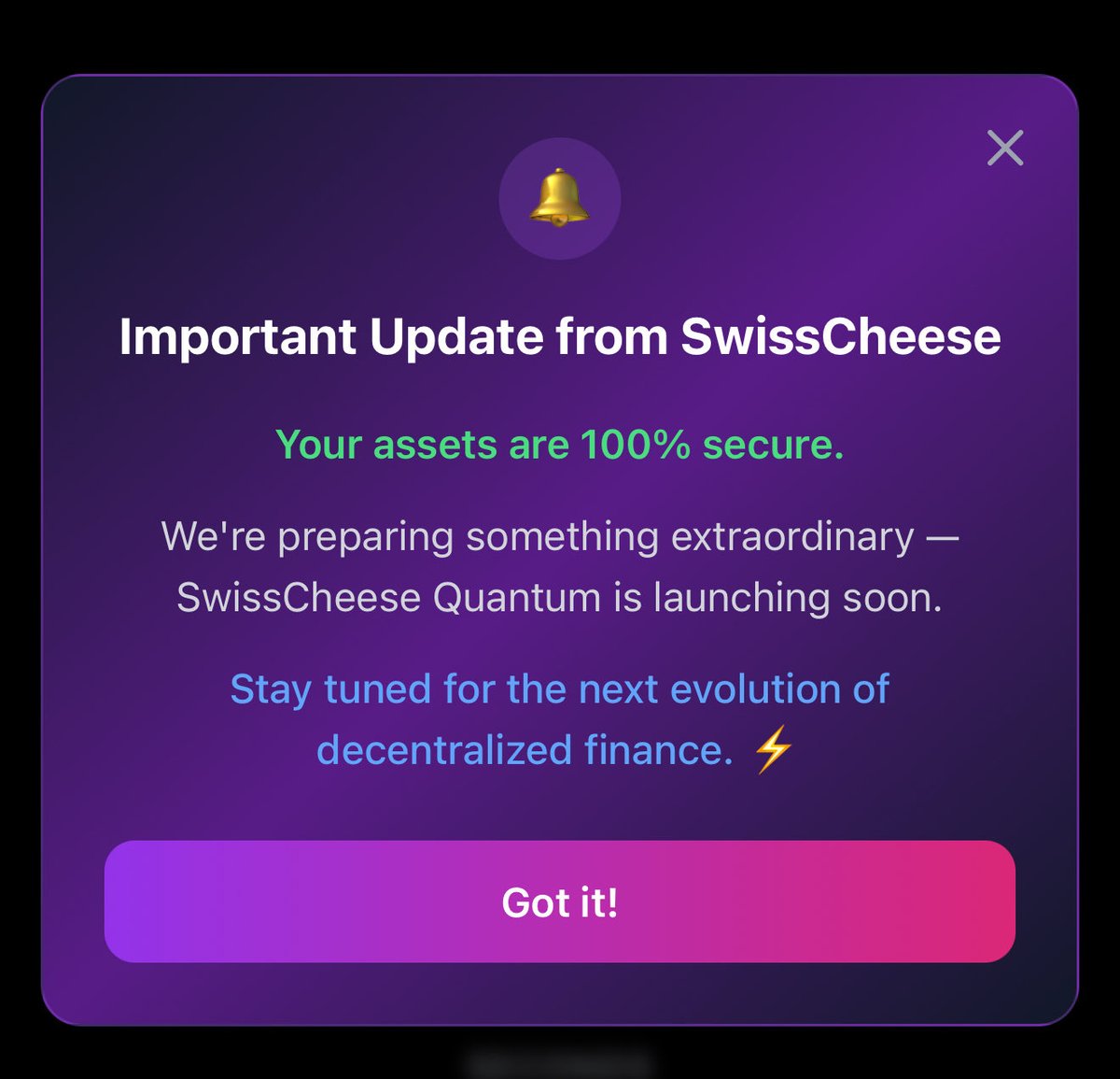 🚀 Important Update from SwissCheese

The countdown has begun!
In just 7 days, we’re going live with SwissCheese Quantum.

Get ready to witness the future of DeFi — faster, smarter, and beyond limits. ⚡

Your assets remain 100% secure.
Stay tuned. The evolution starts soon. 💜