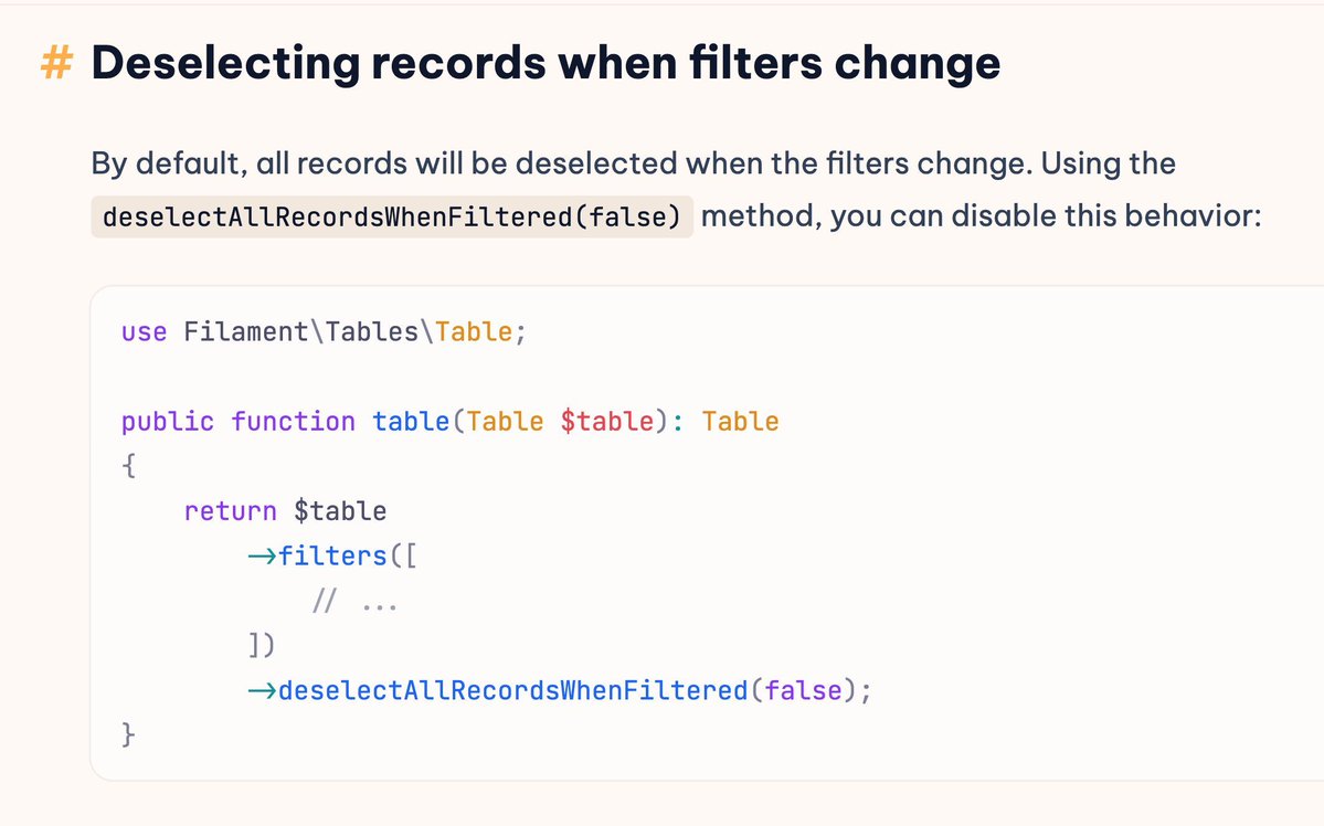 PovilasKorop's tweet image. Tip on @filamentphp.

Table filters: by default, all records will be deselected when the filters change. 

Using the `deselectAllRecordsWhenFiltered(false)` method, you can disable this behavior.

Docs: filamentphp.com/docs/4.x/table… 

#practicalFilamentDocs