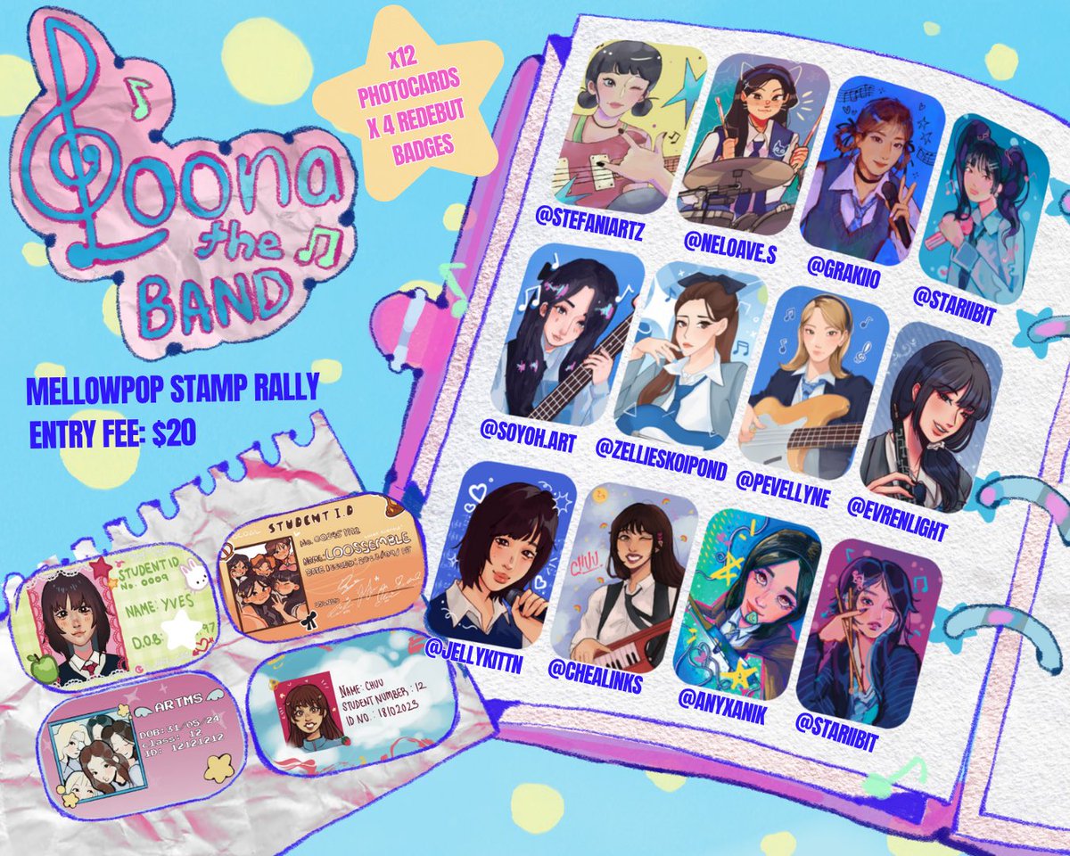 LoonaTheBand Mellow-pop Stamp Rally 🎶⭐️🎵

hii ohbittsss!! this is our band themed loona stamp rally for mellow pop
market in sydney masonic centre next weekend💗 

organized with <a href="/seuljeanz/">nel🧸⁵</a> <a href="/jellykittn/">soph ☆</a>  <a href="/Chealinks/">chea</a> 
#loonathefanart