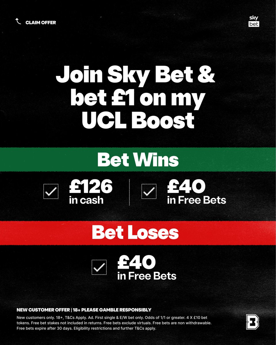 BadManBetting's tweet photo. 🚨 GET SET UP FOR MY 125/1 BOOST WITH SKY BET.

You’ll need a Sky Bet account to get best price.

🔗 Sign up: https://t.co/OoAXBPrUEV

Back my 125/1 as your first bet:

✅ Bet wins - Get cash + £40 Free Bets.

✅ Bet loses - Get £40 Free Bets.

Check the bet out below. 👇 

18+, Ts&Cs Apply. Ad