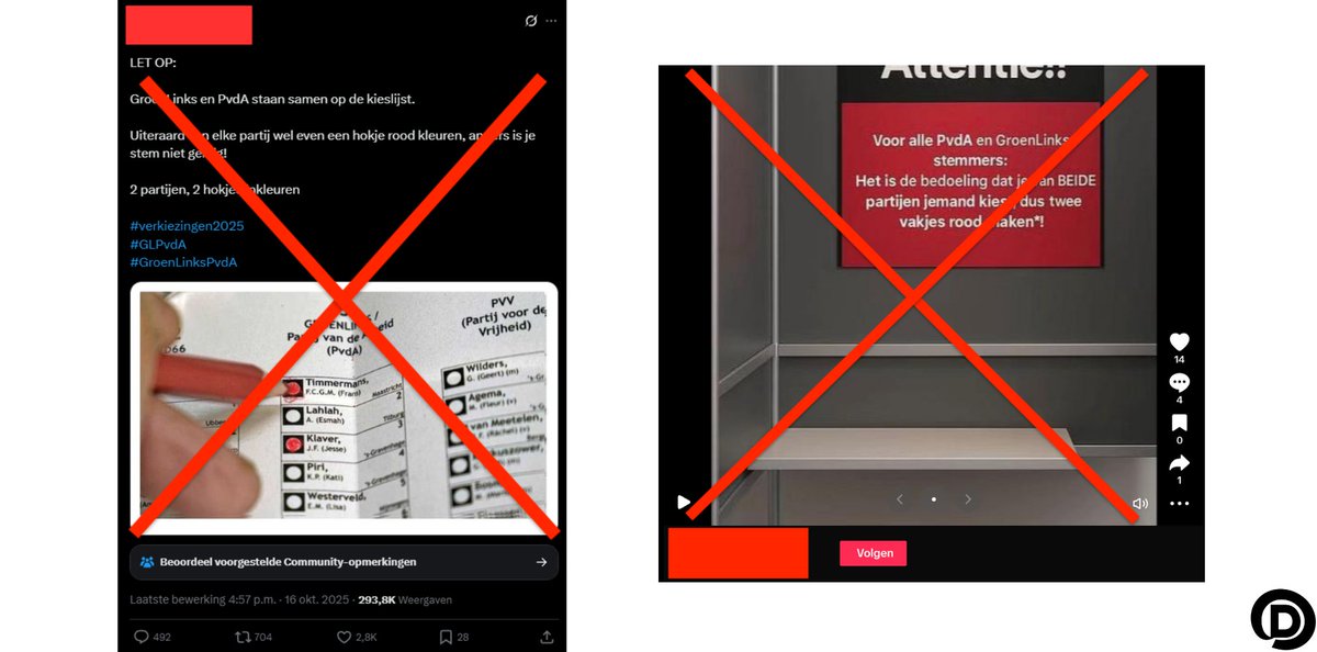WebWatchDD's tweet image. Waarschuwing: op sociale media gaan onjuiste oproepen rond, gericht aan GroenLinks-PvdA stemmers. 

Trap er niet in. Twee rondjes rood kleuren maakt een stembiljet ongeldig.

#TK2025 #NLpol #verkiezingen

web-watch.org/news/twee-keer…       .  .