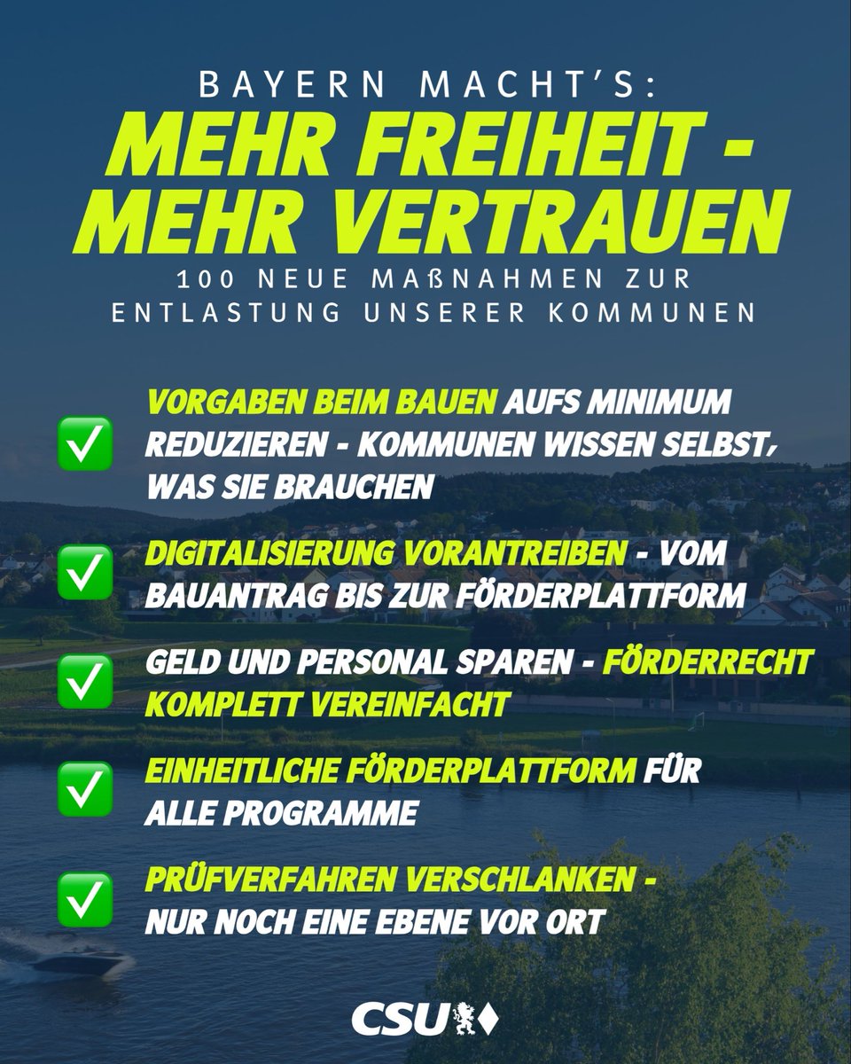 Mehr Freiheit und Vertrauen: Wir entrümpeln weiter bei der Bürokratie. Bayern ist dabei Schrittmacher. Seit 2018 haben wir über 700 Maßnahmen zur Entbürokratisierung umgesetzt – jetzt kommen weitere 100 Maßnahmen zur Entlastung der Kommunen dazu. Das haben wir gemeinsam mit den