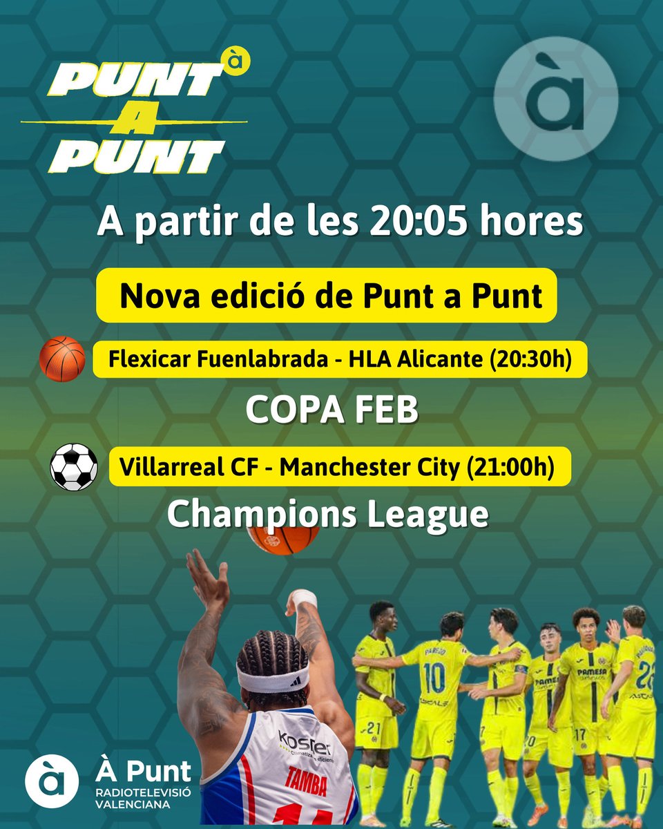 📌 Hui tenim <a href="/PuntaPunt_/">Punt a Punt</a> 

✨ A partir de les 20:05 hores amb bàsquet i la <a href="/ChampionsLeague/">UEFA Champions League</a> 

Des de l’estadi de la Ceràmica per a contar-vos una nit màgica pel <a href="/VillarrealCF/">Villarreal CF</a> 🆚 <a href="/ManCityES/">Manchester City</a> 

Vos esperem en <a href="/apunt_media/">À Punt</a>‼️‼️