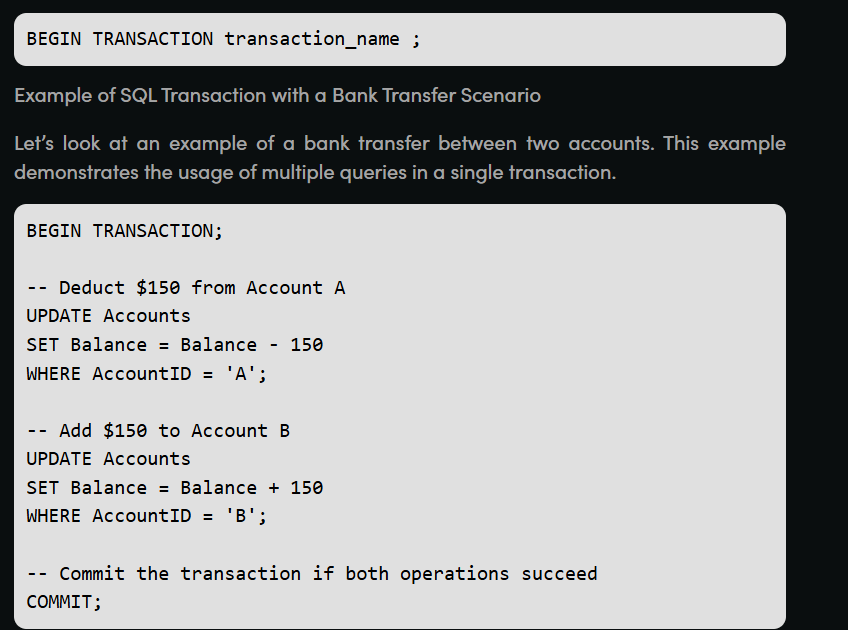 CoderTech2006's tweet image. &quot;🚀 Day 22 of my @GeeksforGeeks SQL journey! 💻 Diving into transactions today—ensuring data integrity with COMMIT and ROLLBACK! 🔒 What’s your top SQL transaction tip? Share below! 📸 Check my progress: geeksforgeeks.org/myCourses #NationSkillup #GeeksforGeeks #SQL #Database&quot;