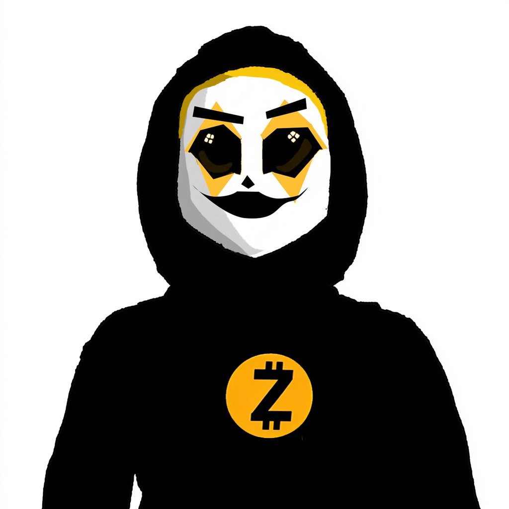 후드 망토를 쓴 스타일화된 Zcash 밈 인물