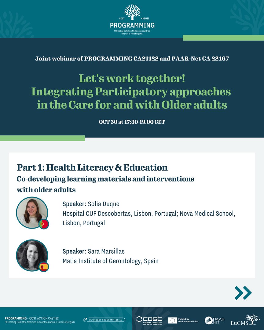 EuGMSSociety's tweet image. Join the upcoming joint webinar of #PROGRAMMING CA21122 and #PAARNet CA22167 on Integrating Participatory Approaches in the Care for and with Older Adults 🔗bit.ly/3WfUgVA

#EuGMS #Webinar #JoinUs @COSTprogramme @paarnet @SofiaDuqueGeri @AnastasiaKouts9 @SaraMarsillas