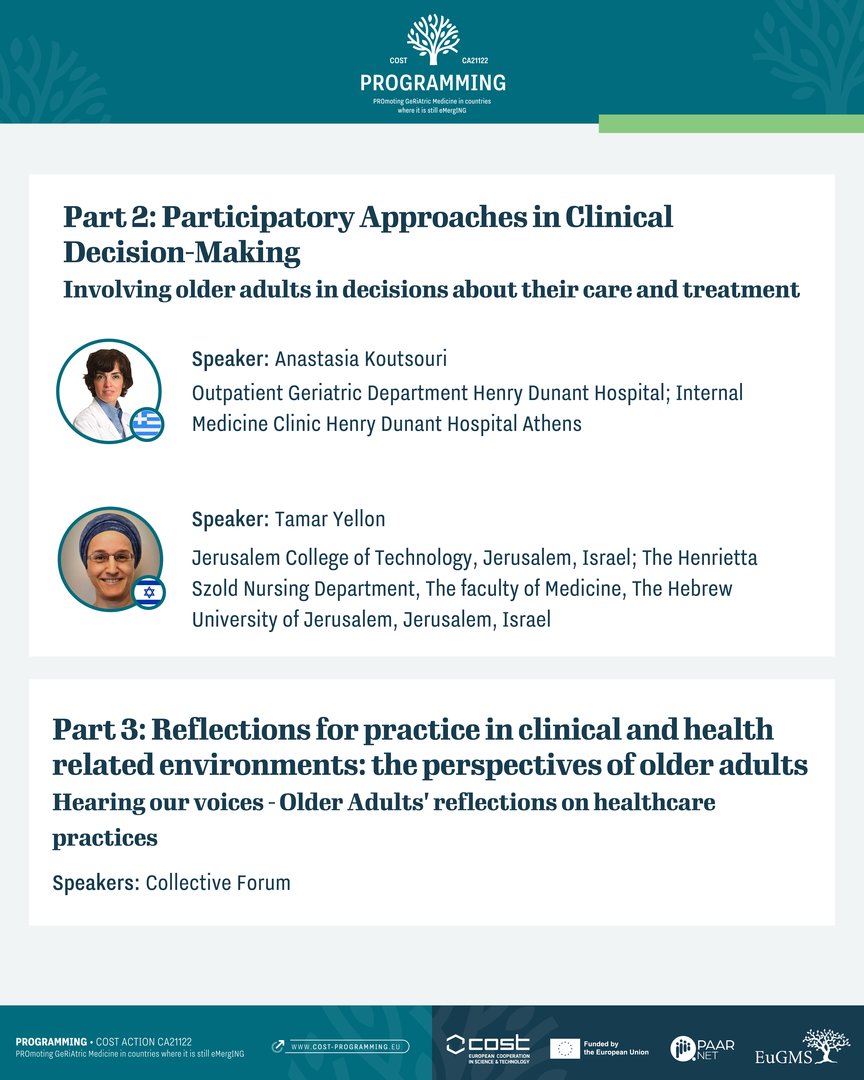 EuGMSSociety's tweet image. Join the upcoming joint webinar of #PROGRAMMING CA21122 and #PAARNet CA22167 on Integrating Participatory Approaches in the Care for and with Older Adults 🔗bit.ly/3WfUgVA

#EuGMS #Webinar #JoinUs @COSTprogramme @paarnet @SofiaDuqueGeri @AnastasiaKouts9 @SaraMarsillas