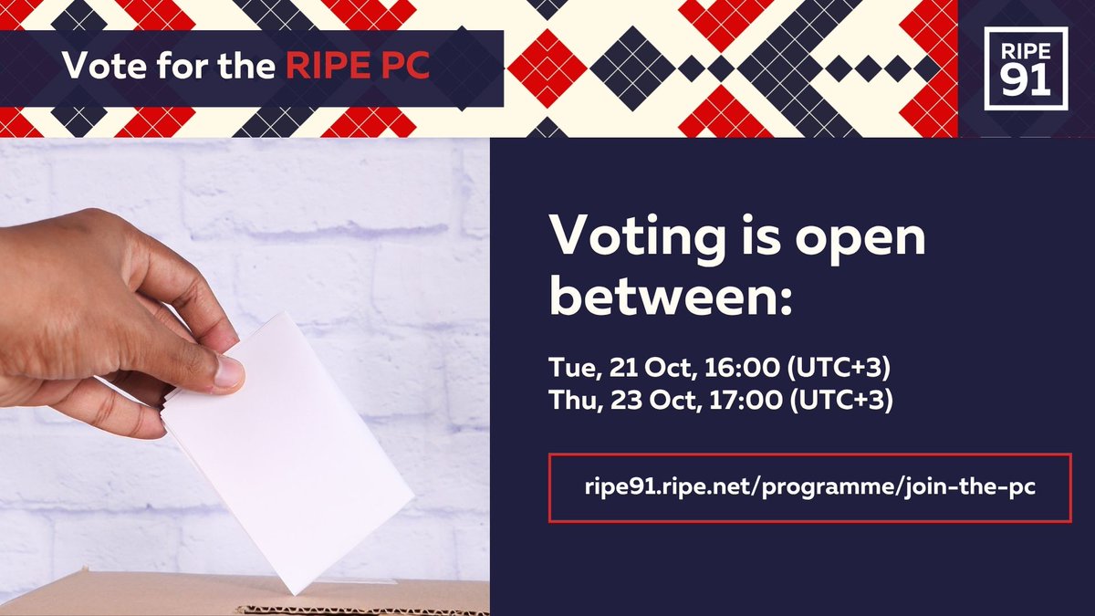 Enjoying the Plenary sessions? So are we!
Don’t forget, you can vote for the RIPE Programme Committee (PC) and help shape future meetings 🗳️
ripe91.ripe.net/programme/join…
