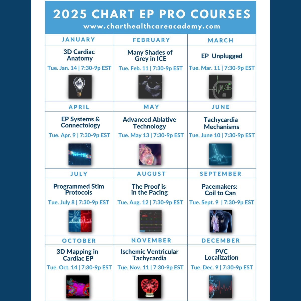 ChartAcademy's tweet image. 📅Explore our EP Pro Courses! 🙌

✅2nd Tues/monthly
⏰7:30-9pm ET

🔗Link in bio! bit.ly/3T5dHQ1

Team pricing available. ☎️
🔔Includes course recording.
🔔Includes 1.5 CEUs per course - RN, ARRT, CVT

#EPeeps #CHARTpeeps #VivaEP #CHARTEPPRO #GROWMembership #CEUs