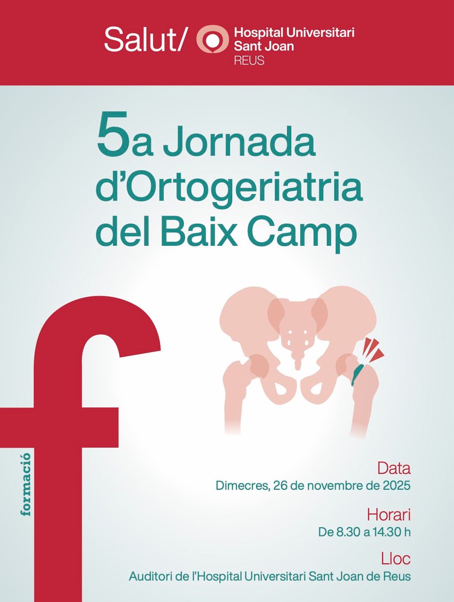 5a Jornada d’Ortogeriatria del Baix Camp, 🗓️ el proper 26/11 📍 a l’<a href="/HospitalReus/">Hospital Universitari Sant Joan de Reus</a> 🩺 adreçada a professionals de traumatologia, geriatria, anestèsia, internistes, atenció primària, atenció intermèdia, infermeria, fisioteràpia i estudiants.

🔗 salutsantjoan.cat/ca/noticies-i-…