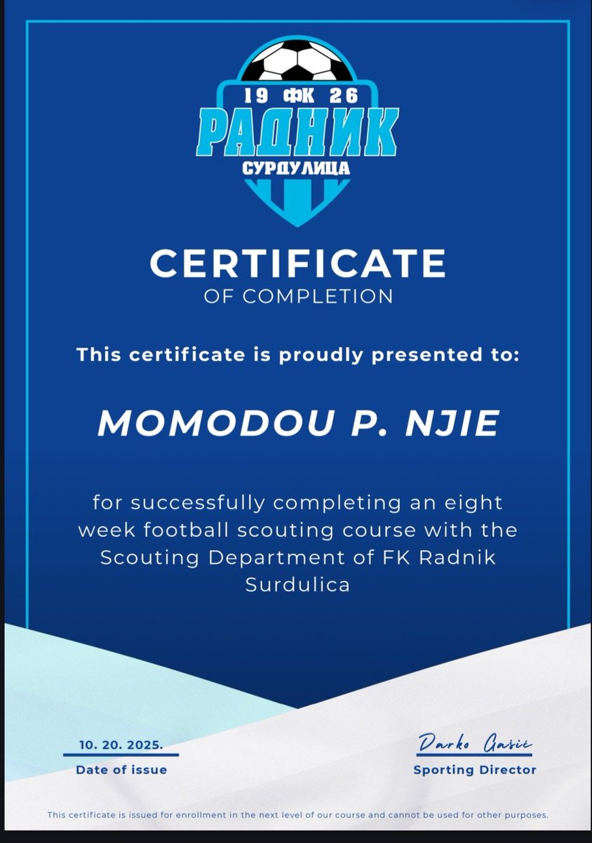 Proud to announce I’ve officially earned my Football Scouting Certificate Grateful to represent Radnik Surdulica and celebrate this achievement alongside my fellow Gambian scouts who made it through with me.
Another step forward in the journey of scouting, learning, and growing.