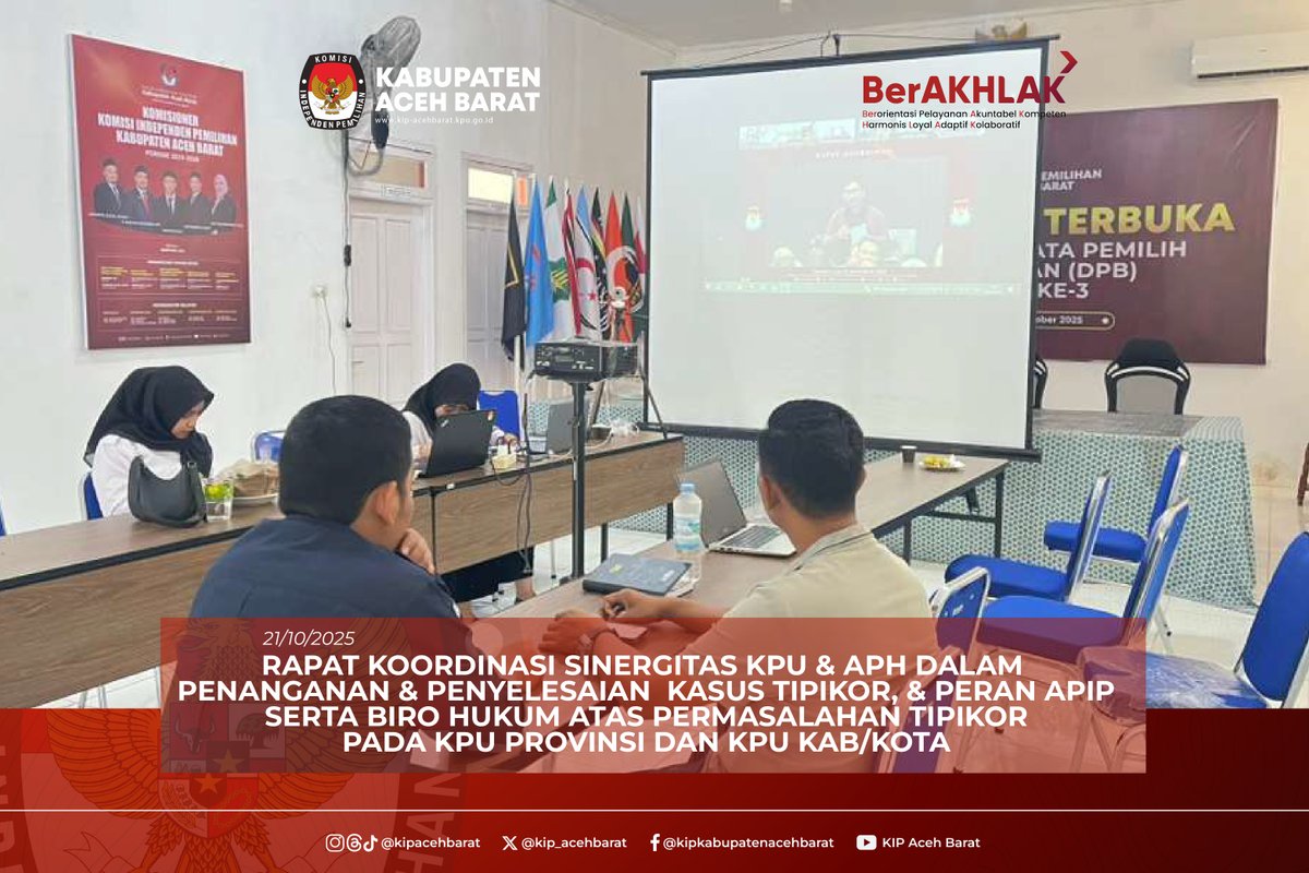KIP_Acehbarat's tweet photo. Komisi Independen Pemilihan (KIP) Aceh Barat mengikuti Rapat Koordinasi Sinergitas KPU dan Aparat Penegak Hukum (APH) dalam penanganan serta penyelesaian kasus Tindak Pidana Korupsi (Tipikor) di lingkungan KPU Provinsi dan KPU Kabupaten/Kota. https://t.co/o7pLQFui15