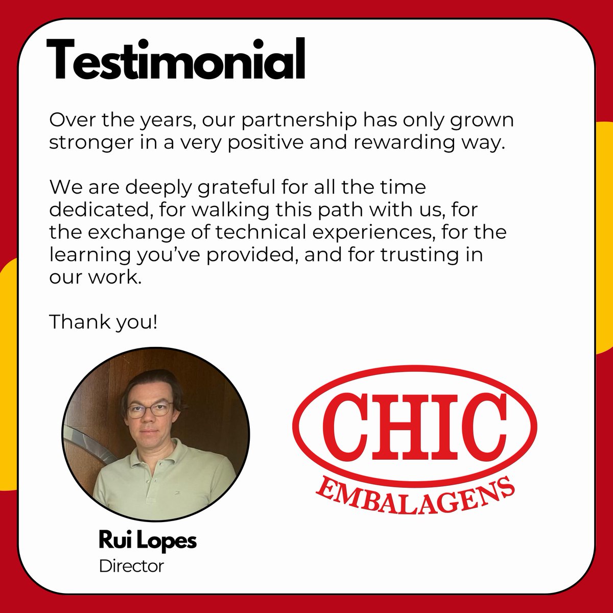 Proud of our strong partnership with CHIC Embalagens — built on trust, collaboration, and shared success.