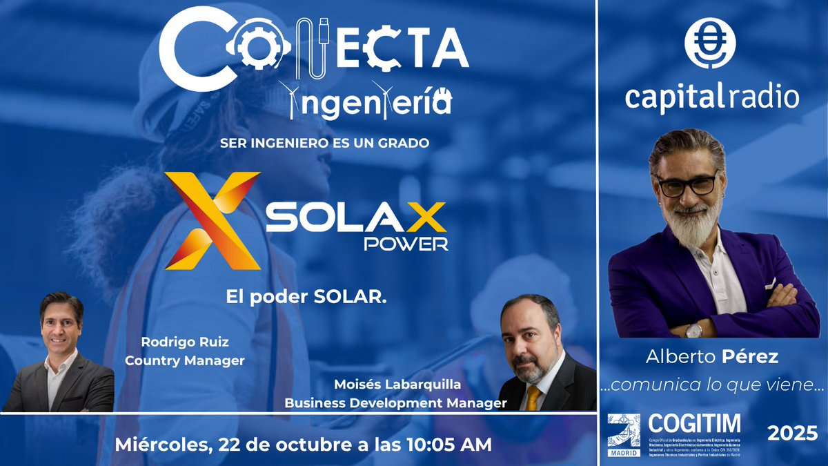 COGITIM (@cogitimadrid) on Twitter photo 🔊¿Cómo transforman las baterías y la energía renovable hogares, industria y agricultura? 
📻Mañana, en nuestro programa de radio, #ConectaIngeniería, Rodrigo Ruiz y Moisés Labarquilla de <a href="/solaxpower/">SolaX Power</a> nos lo cuentan. ¡Conéctate!👇
🕐10:05 h
▶️capitalradio.es/directo 🔊¿Cómo transforman las baterías y la energía renovable hogares, industria y agricultura? 
📻Mañana, en nuestro programa de radio, #ConectaIngeniería, Rodrigo Ruiz y Moisés Labarquilla de <a href="/solaxpower/">SolaX Power</a> nos lo cuentan. ¡Conéctate!👇
🕐10:05 h
▶️capitalradio.es/directo
