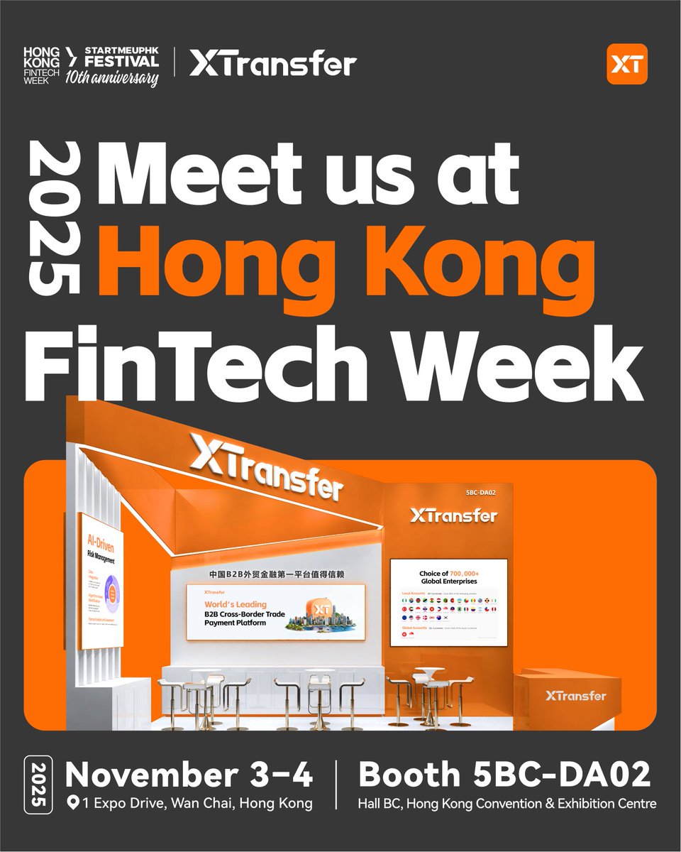 🌟 This November, we’re thrilled to return to Hong Kong FinTech Week! 🌍

🔥Discover how XTransfer empowers SMEs with smarter, faster, and more compliant B2B cross-border payment solutions. 💳

📅 November 3–4 ｜5BC-DA02, Hall BC
🏢 Hong Kong Convention &amp; Exhibition Centre