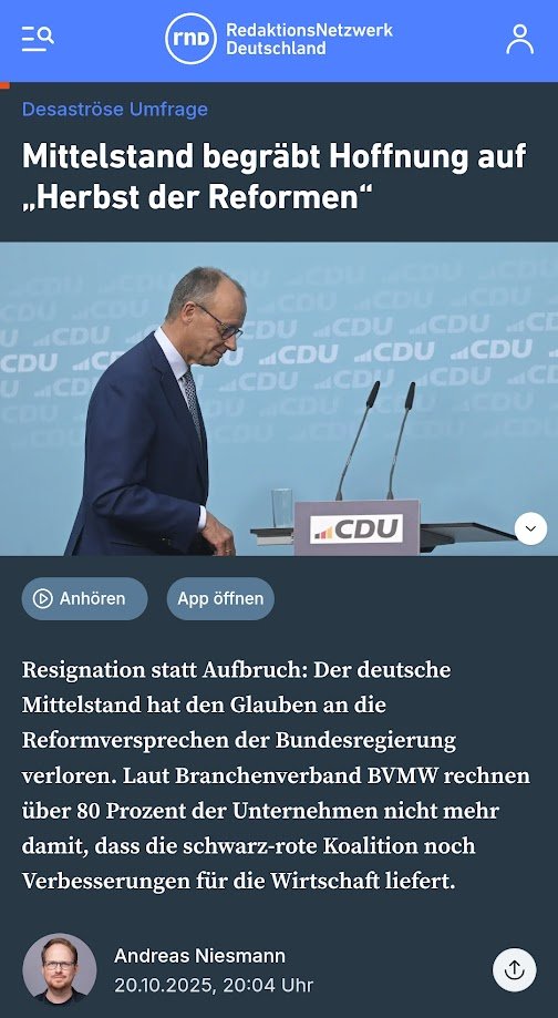 Stimmungslage beim Mittelstand: Merz’ „Herbst der Reformen“ verpufft. 81 % der Unternehmen glauben nicht an spürbare Verbesserungen, 56 % halten Gipfel für wirkungslos. Tja.