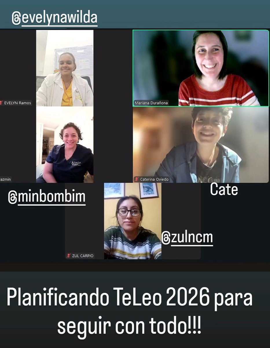 ProgramaTeleo's tweet image. El gran equipo de Enfermería planificando con entusiasmo el 2026 
¡Atentos a las novedades!

Mariana Durañona (Argentina); Evelyn Ramos (República Dominicana); Jazmín Parada (Chile); Caterina Oviedo (Argentina) y Zulma Carpio (Perú).

Para sumarte: teleosjd.org