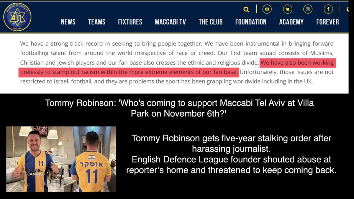 Raven Cozens-Hardy (@ravecozenshardy) on Twitter photo A reminder to <a href="/DXW_KC/">David Wolfson</a> -<a href="/WMPolice/">West Midlands Police</a> know more about "high risk" threats than he ever will.
Tommy Robinson's decision to support banned Maccabi fans by wearing one of their shirts was the 'final straw'
Robinson's supporters could emulate him & pose as Maccabi fans to stir up violence A reminder to <a href="/DXW_KC/">David Wolfson</a> -<a href="/WMPolice/">West Midlands Police</a> know more about "high risk" threats than he ever will.
Tommy Robinson's decision to support banned Maccabi fans by wearing one of their shirts was the 'final straw'
Robinson's supporters could emulate him & pose as Maccabi fans to stir up violence