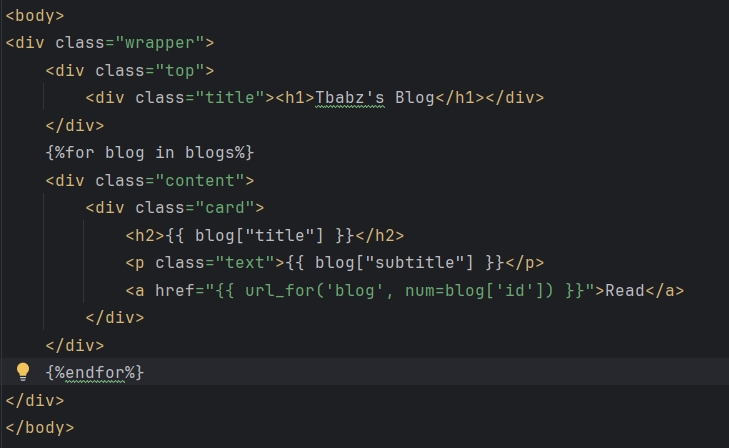 Babzcode's tweet image. Day 57 of #100DaysOfCode
Learnt about Jinja templating in Flask
-You can run Python logic in HTML
-Even use for loops to repeat elements
-I&apos;ve fully grasp the use case of Classes now

Built a simple blog page with 3 posts &amp;amp; clickable links.
#Python #Flask #WebDev