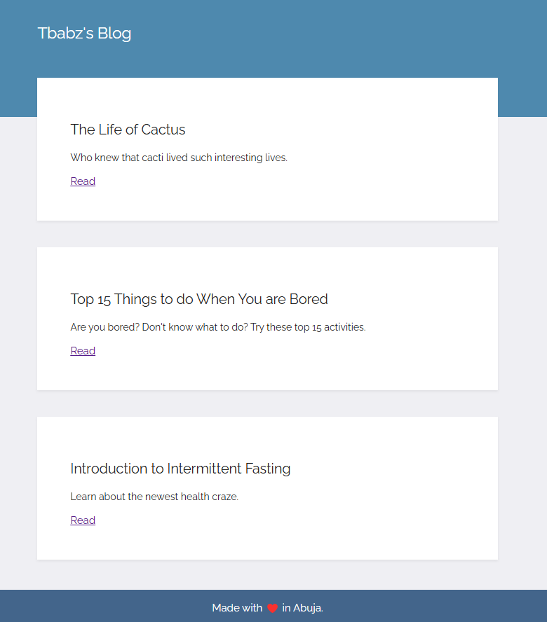 Babzcode's tweet image. Day 57 of #100DaysOfCode
Learnt about Jinja templating in Flask
-You can run Python logic in HTML
-Even use for loops to repeat elements
-I&apos;ve fully grasp the use case of Classes now

Built a simple blog page with 3 posts &amp;amp; clickable links.
#Python #Flask #WebDev