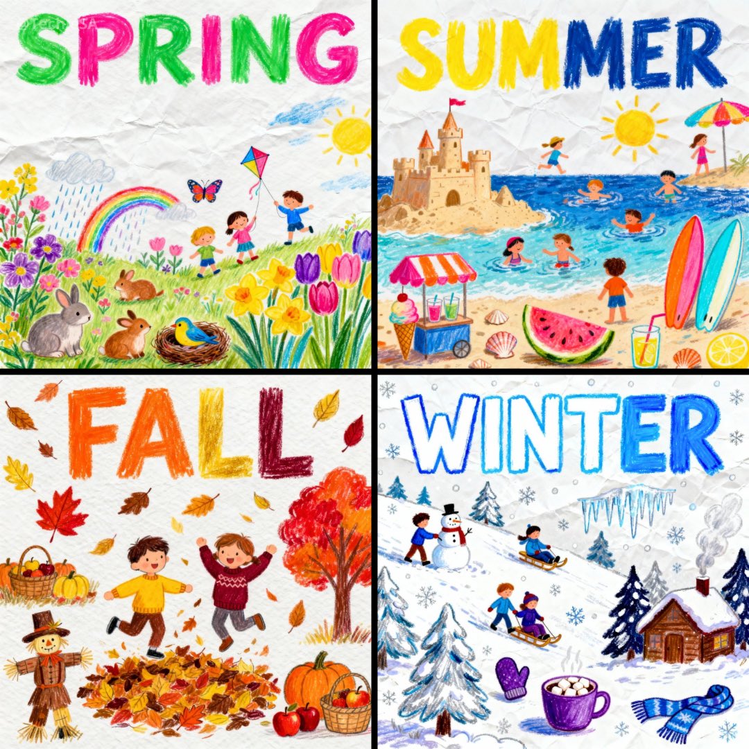 TechieBySA's tweet image. Kid-Drawn Seasons by Seedream 4 on @BasedLabsAI 🎨✏️

Prompt👇🏻