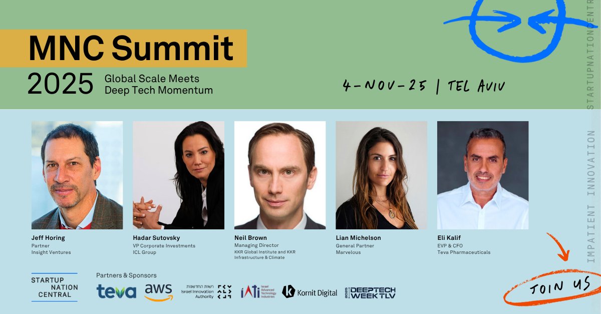 sncentral_'s tweet photo. Ideas alone don’t change the world. People do. 

Panels. Hot seats. DeepTech. The worlds most influential minds - all in one room. 
MNC Summit 2025. Don’t miss your chance to be part of it. 

📅 November 4, 2025 | Tel Aviv | Zappa Midtown 
🎟️ Seats are limited - Apply to Attend 👉 https://t.co/DhLanYJlgS

Jeff Horing, Insight Ventures | Hadar Sutovsky, @group_icl | Neil Brown, @KKR_Co  and KKR Infrastructure & Climate | Lian Michelson, Marvelous | Eli Kalif, @tevapharm

@awscloud @ILInnovationAut  Israel advanced technology industries @kornitdigital

#MNCSUMMIT2025 #DeepTechWeek2025