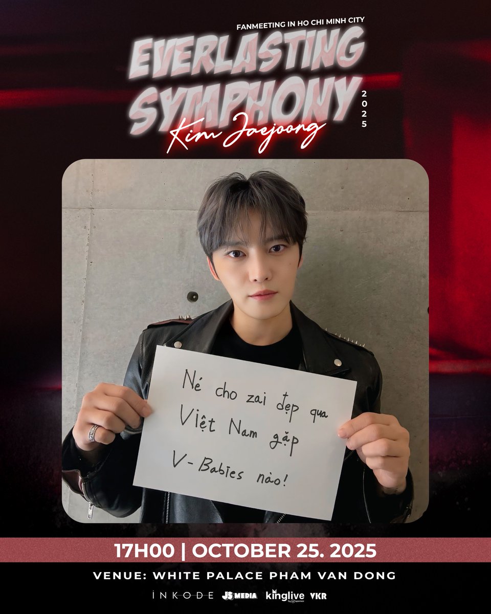 The handsome guy is all ready to meet V-Babies — how about you? 🤩
If you’re ready too, click here right now 👉🏻 ticketbox.vn/kim-jaejoong-2…

EVERLASTING SYMPHONY - KIM JAEJOONG 2025 FANMEETING IN HO CHI MINH CITY
📅 Date &amp; Time: 5PM, October 25, 2025
📍 Venue: White Palace Pham Van