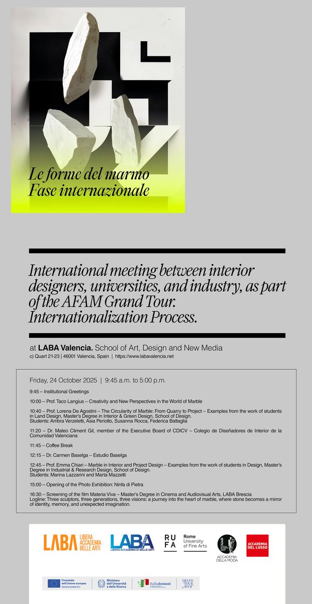 CDICV (@cdicv) on Twitter photo El próximo viernes <a href="/LabaValencia/">LABA Valencia. School of Art Design & New Media</a> acogerá 'Le forme del marmo', encuentro internacional entre diseñadores de interior, Universidades e industria.
La jornada contará con <a href="/BaselgaCarmen/">Carmen Baselga</a> y Mateo Climent. En la imagen el programa completo.
#CDICV #LABAValencia #interiordesign El próximo viernes <a href="/LabaValencia/">LABA Valencia. School of Art Design & New Media</a> acogerá 'Le forme del marmo', encuentro internacional entre diseñadores de interior, Universidades e industria.
La jornada contará con <a href="/BaselgaCarmen/">Carmen Baselga</a> y Mateo Climent. En la imagen el programa completo.
#CDICV #LABAValencia #interiordesign