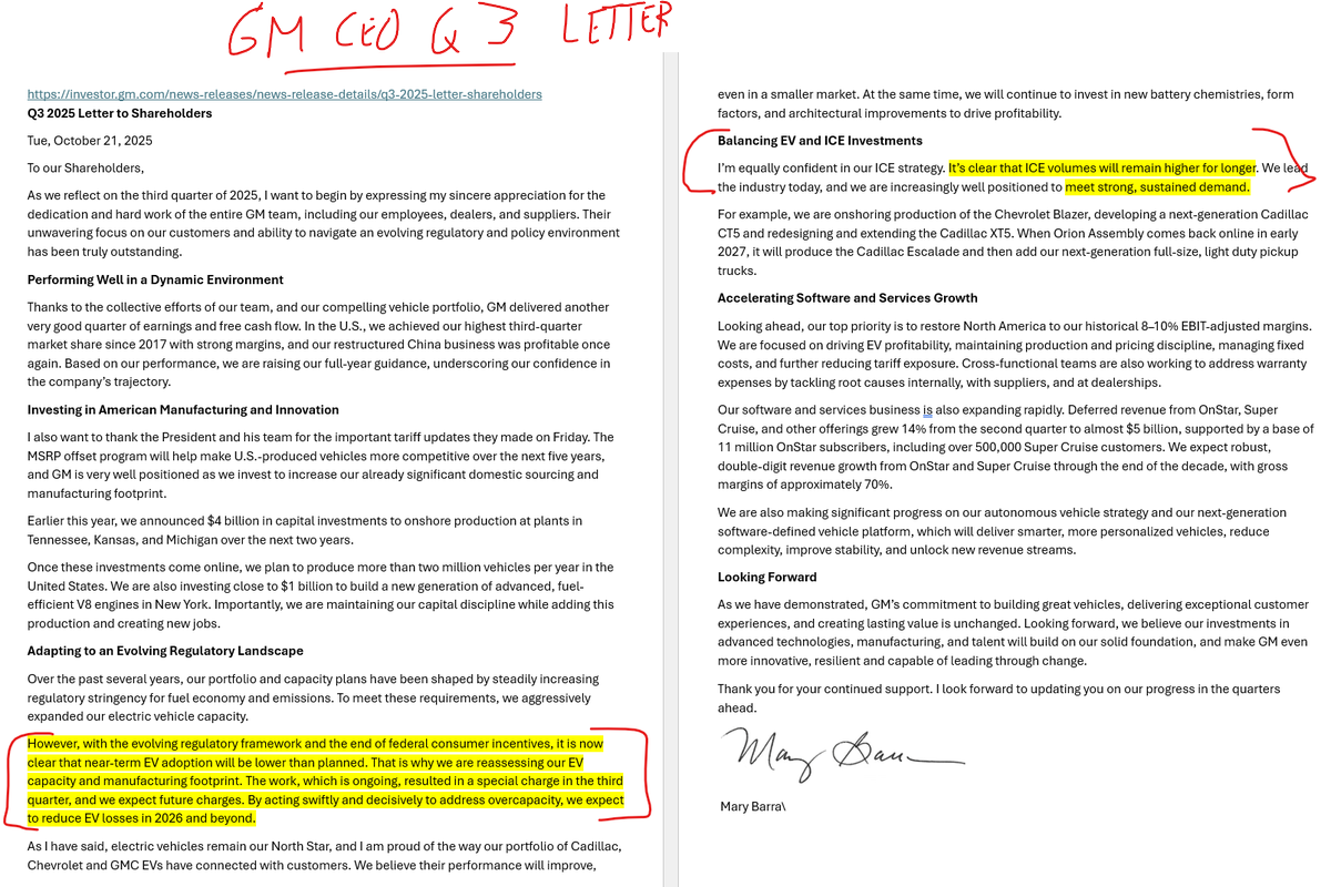 Energy_Tidbits's tweet image. &quot;It is now clear that near-term EV adoption will be slower than planned .... It&apos;s clear that ICE volumes will remain higher for longer....strong sustained demand&quot;  GM CEO Barra just out Q3 letter..

Note GM taking Q3 charge on EVs  &quot;and we expect future charges.&quot; 

#oott