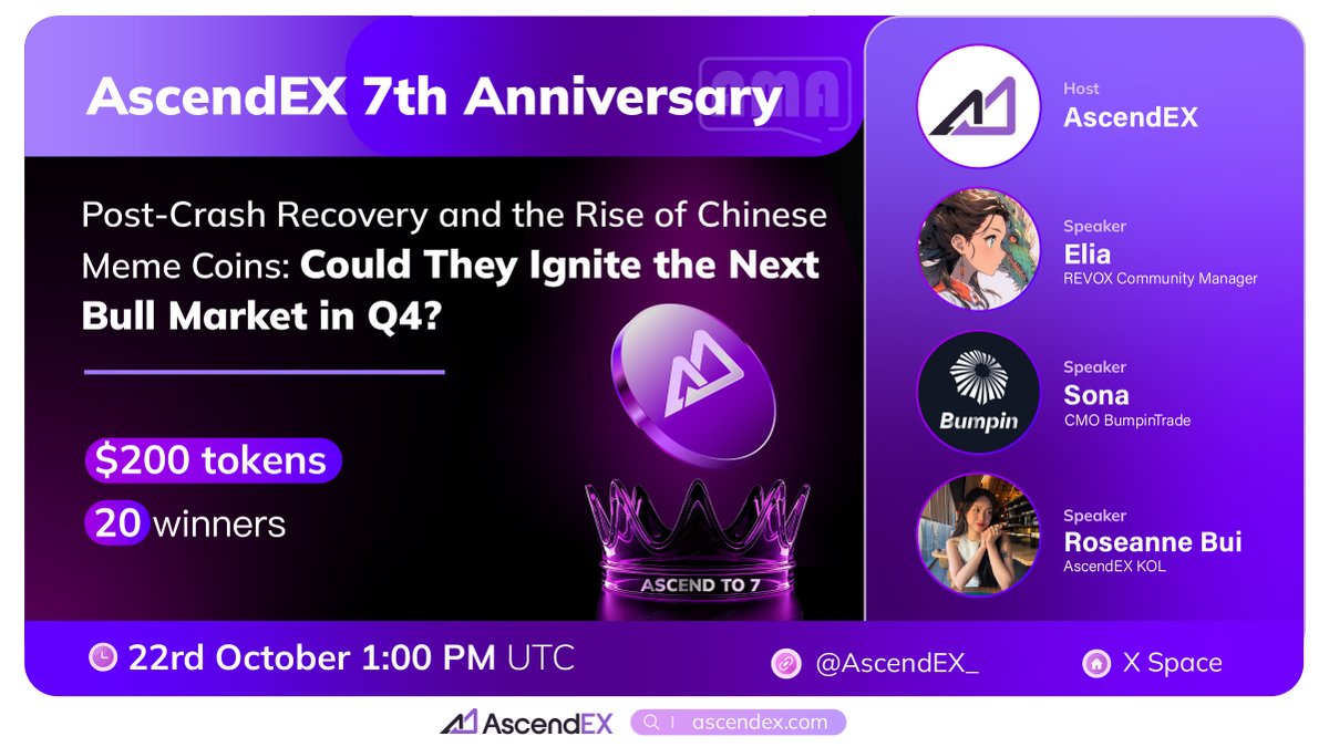 AscendEX (@ascendex_) on Twitter photo 🎙️#AscendEX 7th Anniversary AMA🎙️
Topic: Post-Crash Recovery and the Rise of Chinese Meme Coins: Could They Ignite the Next Bull Market in Q4?
Speakers: <a href="/rogueNPC/">Elia | REVOX</a> <a href="/BumpinTrade/">BumpinTrade</a> <a href="/Ros3OnChain/">RoseOnChain</a> 
⏰22rd October 1:00 PM UTC
🎁Join to share $200 USDT Worth of Token
💰20 Winners 🎙️#AscendEX 7th Anniversary AMA🎙️
Topic: Post-Crash Recovery and the Rise of Chinese Meme Coins: Could They Ignite the Next Bull Market in Q4?
Speakers: <a href="/rogueNPC/">Elia | REVOX</a> <a href="/BumpinTrade/">BumpinTrade</a> <a href="/Ros3OnChain/">RoseOnChain</a> 
⏰22rd October 1:00 PM UTC
🎁Join to share $200 USDT Worth of Token
💰20 Winners