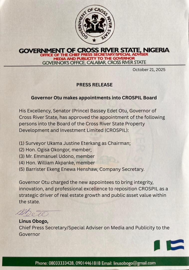 Make a difference with this appointment 😊

Governor Otu makes appointment into CROSPIL board