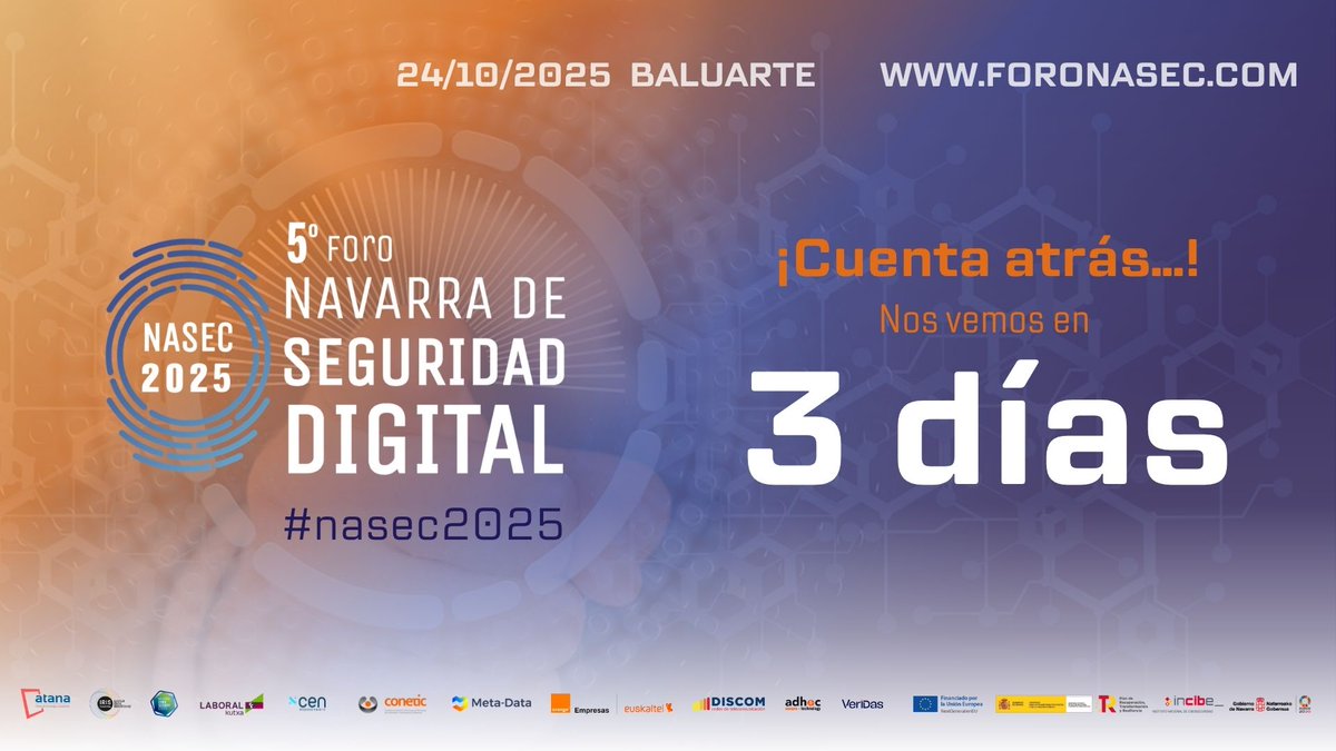 🔏 FORONASEC 25 🔏 ¡Comienza la cuenta atrás... quedan 3 días!

Ayer dimos el pistoletazo de salida a la I Semana Navarra de la Ciberseguridad y el viernes es nuestro turno.

📅 El 24 de octubre, 9:30.
📍 ¿Donde?  <a href="/baluarte/">Baluarte</a> 
foronasec.com

#atana #foronasec25