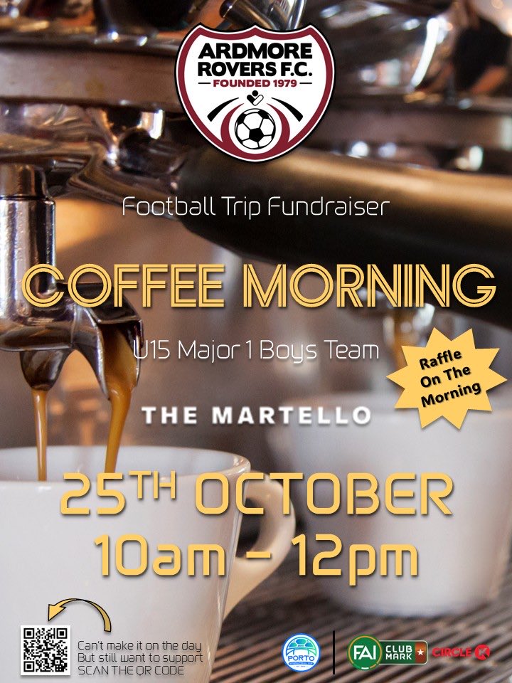 The Ardmore Rovers U15 Major 1 Boys team are holding a coffee morning in @themartellobray this Saturday, October 25th, from 10am to 12pm, to raise funds for their trip of a lifetime to go to the Porto International Cup in April ‘26. 

Come on down and…

facebook.com/share/p/1JG15W…
