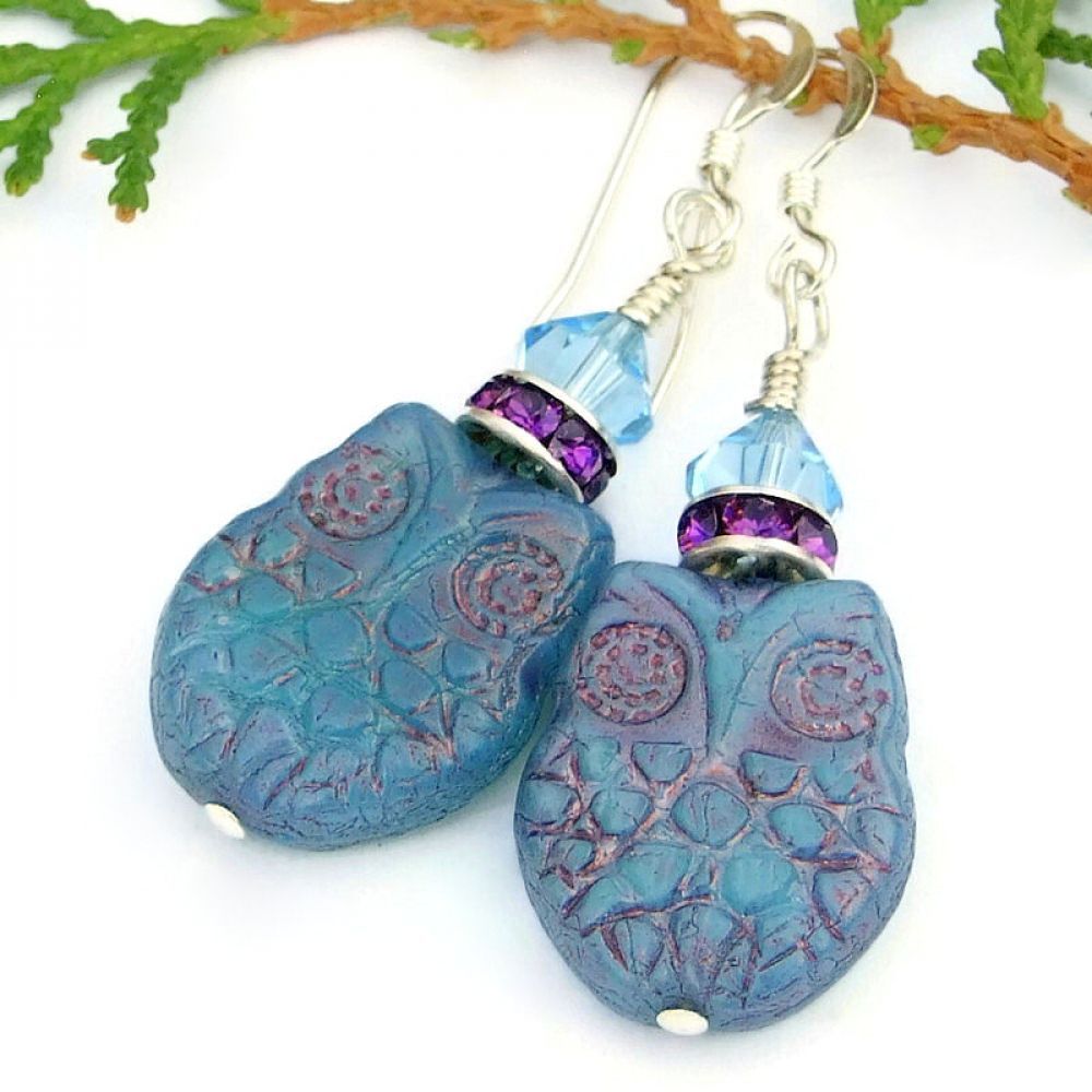 Blue Opal Czech Glass #Owl #Earrings w/ Swarovski Crystals!  via <a href="/ShadowDogDesign/">Catherine</a> #ShopSmall #cctag #OwlLover #OwlEarrings      bit.ly/OwlsomeSD
