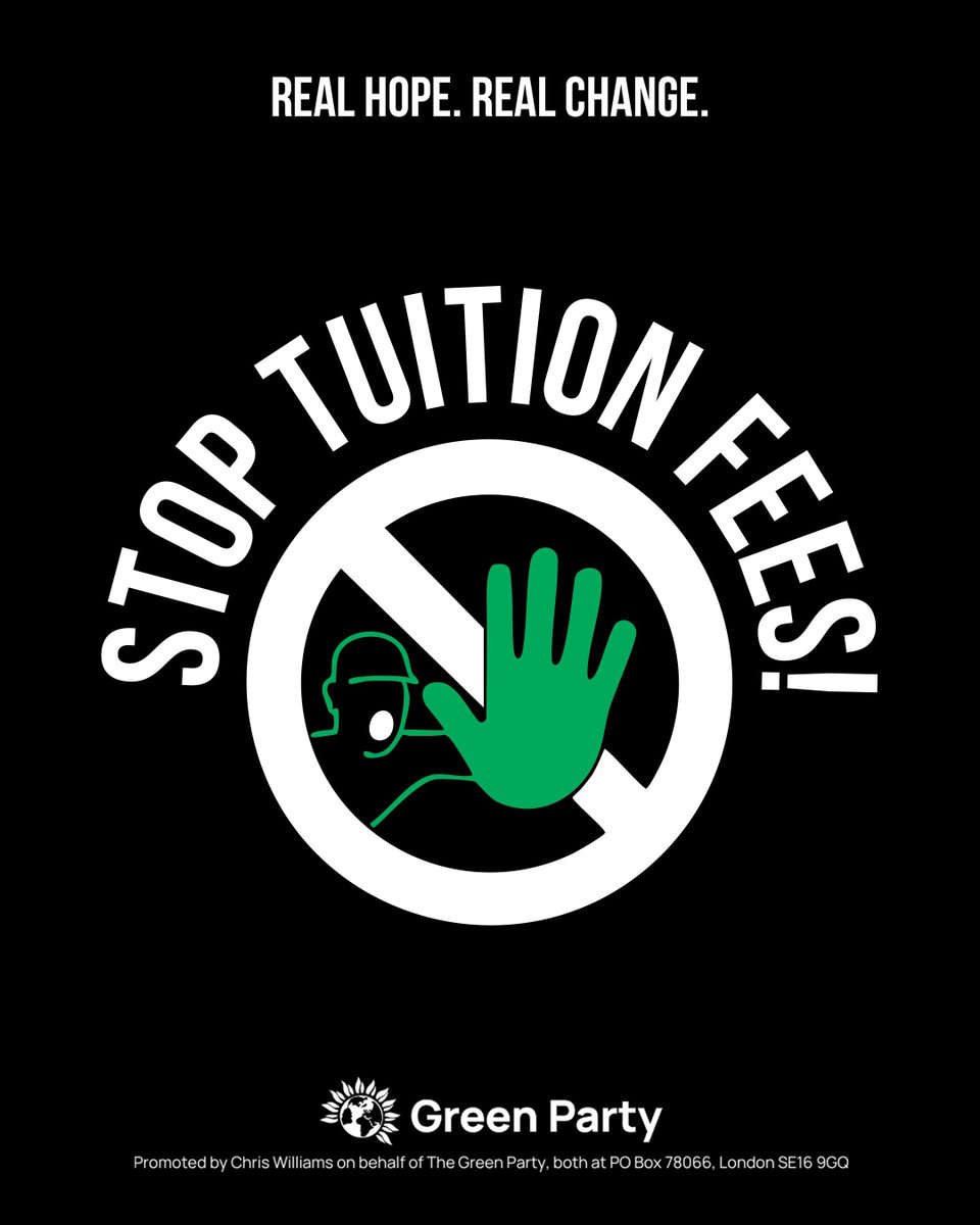 🤯 The government have announced that university tuition fees in England will increase every year in line with inflation from 2026.

🧑🎓 Education should be a right, not a privilege.

💚 That's why the Green Party would scrap tuition fees altogether.