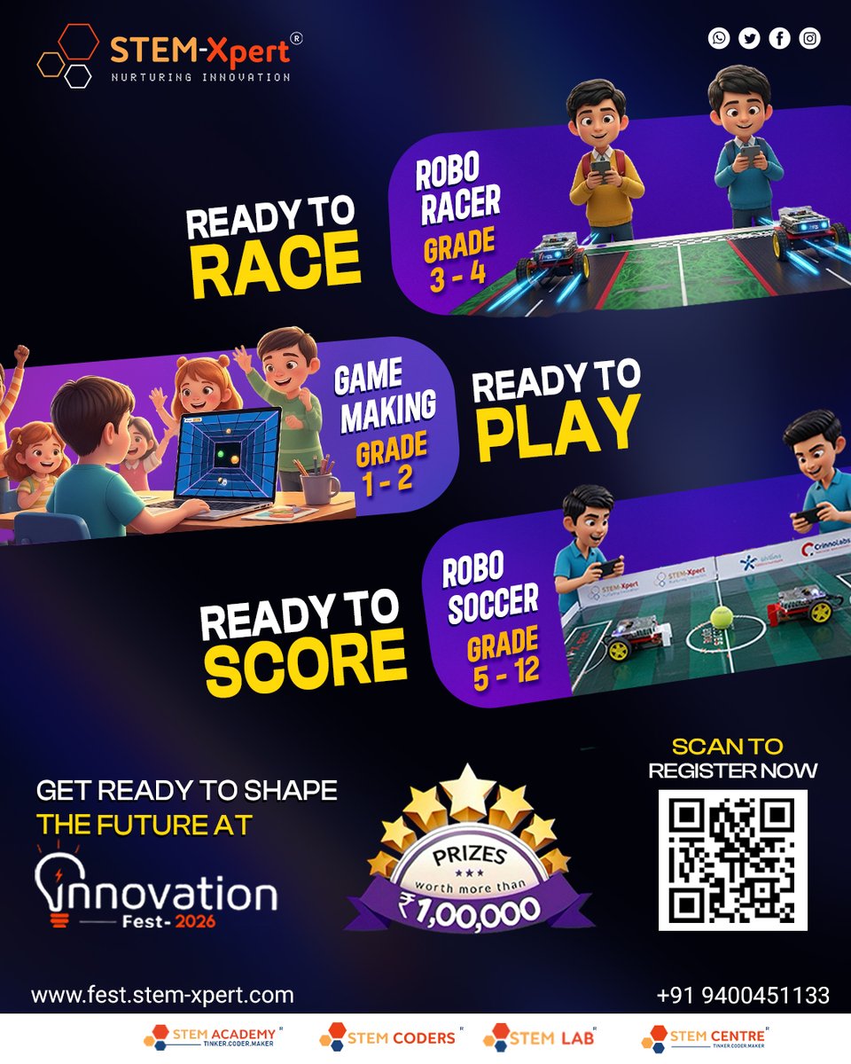 🏁 Get ready to RACE, PLAY &amp; SOCCER your way into the future!
  🎮 Join Innovation Fest 2026 by STEM-Xpert — India’s biggest STEM challenge for Grades 1-12.
  🏆Prizes worth ₹1 Lakh+!
  🔗Register: fest.stem-xpert.com
  #STEMXpert #InnovationFest #STEMEducation #Robotics #AI