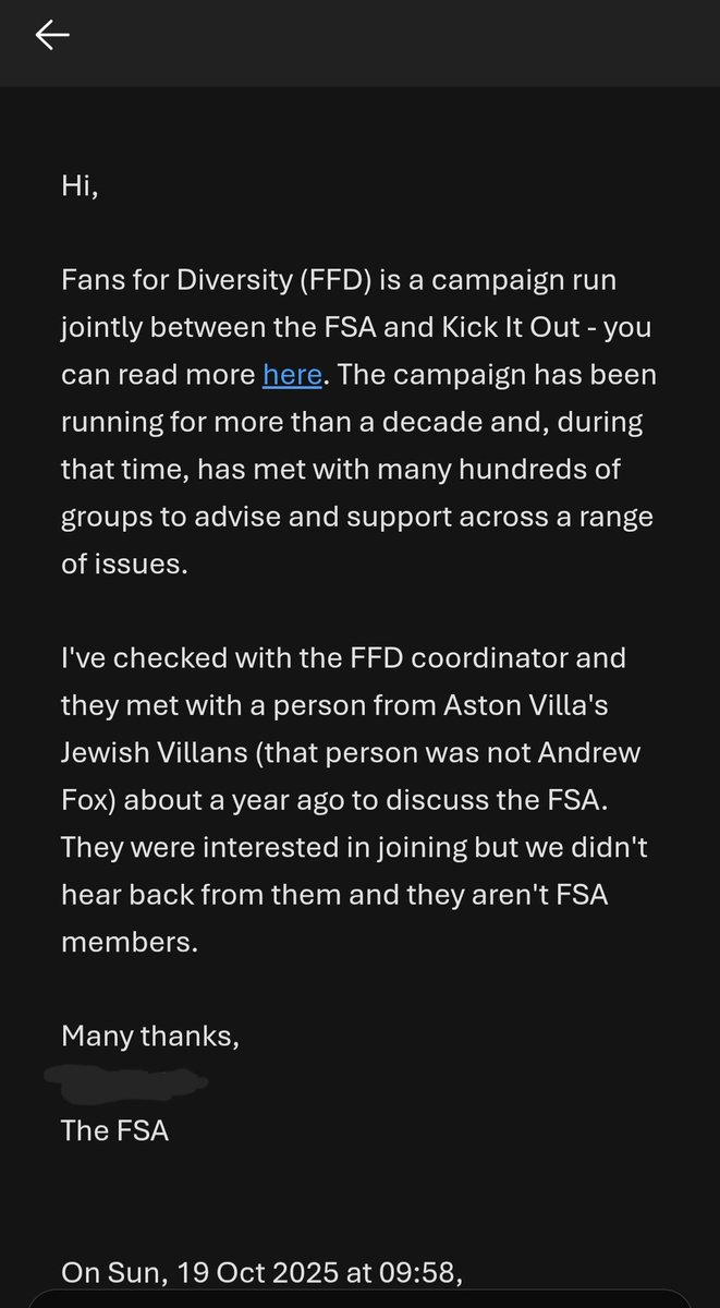 In the quoted tweet, Andrew Fox claims that the Aston Villa Jewish Villans supporters club, of which he is honorary president despite not being Jewish, is part of Fans for Diversity. 

Below is an email I just received from the Footballer Supporters' Association (FSA), which runs