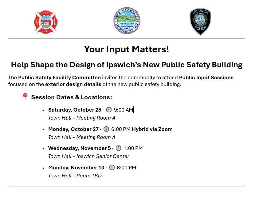 Ipswich Public Safety Facility Committee Holding Community Sessions to Gather Input on New Public Safety Building: The Ipswich Public Safety Facility Committee is seeking public input on the exterior design details of the new public safety building. … ipswichfire.com/2025/10/21/ips…