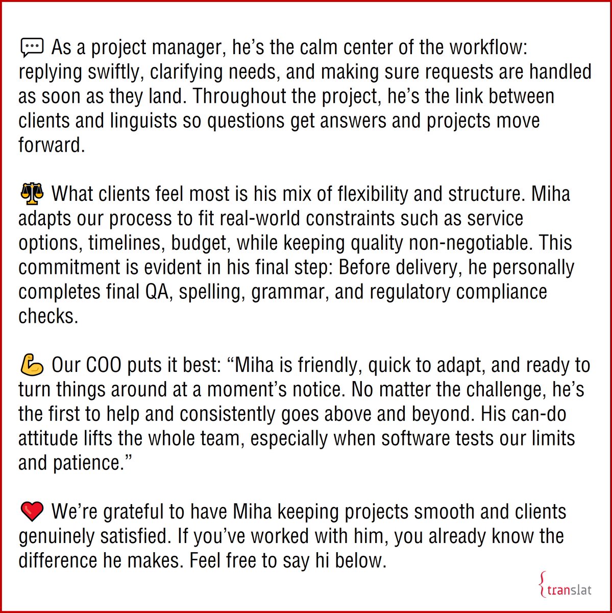 TRANSLAT's tweet image. 🧑 Every seamless delivery starts with someone who makes complexity feel simple. At Translat, that’s Miha.
Read more on the image 👇
#languagesolutions #translation #localization #interpreting #globalexpansion #legaltranslation #fintech #medtech #lifesciences #LSP #qualitymatters