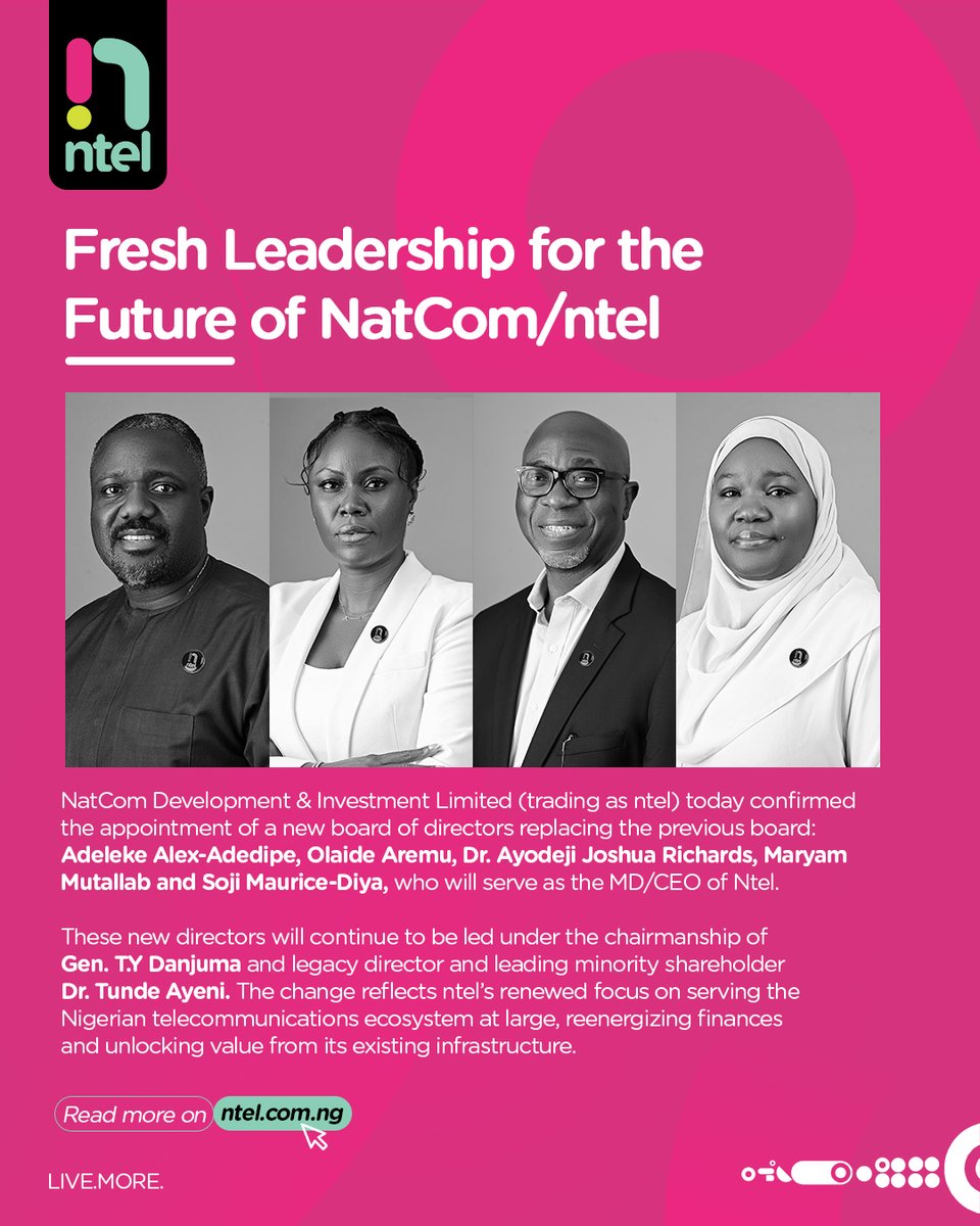 We’re entering a new chapter of leadership and vision.

With a reconstituted Board of Directors, ntel is set to drive innovation, sustainability, and growth across Nigeria’s telecom landscape.

#ntel #Leadership #TelecomNigeria #Innovation