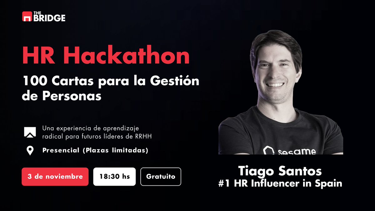 HR Hackathon: 100 Cartas para la Gestión de Personas 🧠🃏
Una experiencia radical y práctica para futuros líderes de RR. HH.: Por Tiago Santos (#1 HR Influencer in Spain).
📍Evento Gratuito: Plaza Pablo Picasso Nº1 - MAD.
Link inscripción: linkedin.com/feed/update/ur…