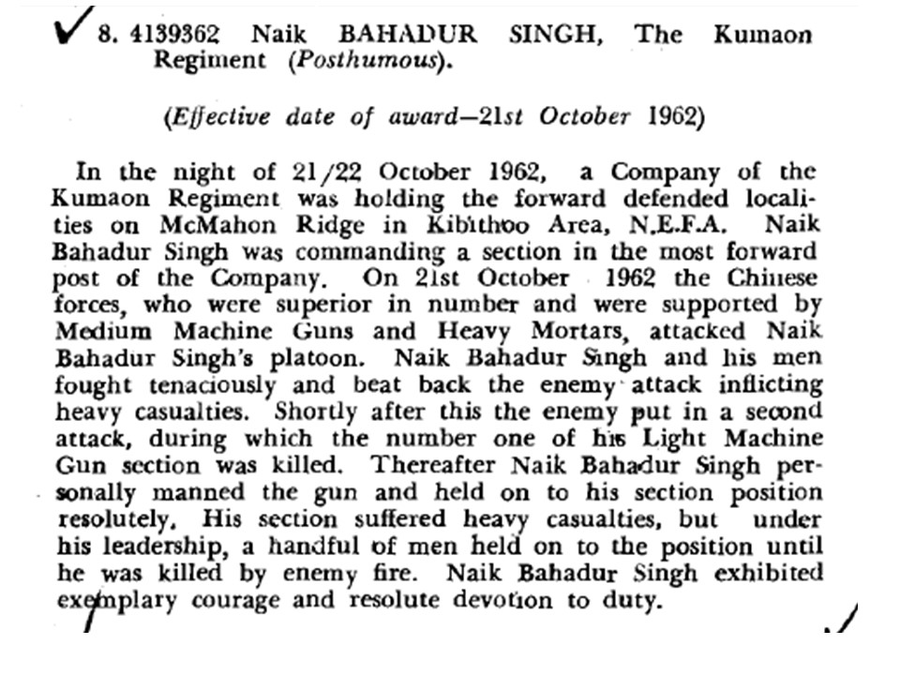 #Remembering1962

#LestWeForgetIndia🇮🇳 
Naik Bahadur Singh
Vir Chakra (P)
6 KUMAON

Nk Singh fought tenaciously till his last breath, defending Walong, Arunachal Pradesh, #OnThisDay 21 October in 1962

Remember the gallant #IndianBrave and his supreme sacrifice in the