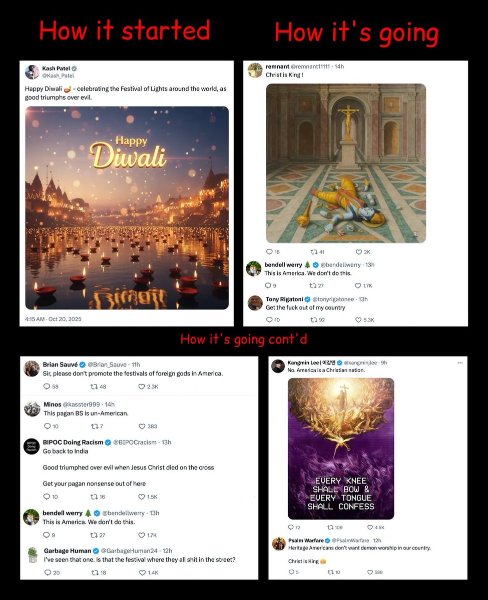 Mollyploofkins's tweet image. Trump's FBI Director Kash Patel makes a post wishing everyone a Happy Diwali. The top comments from MAGA bluntly serve him the same hate and racism he supported and cultivated.